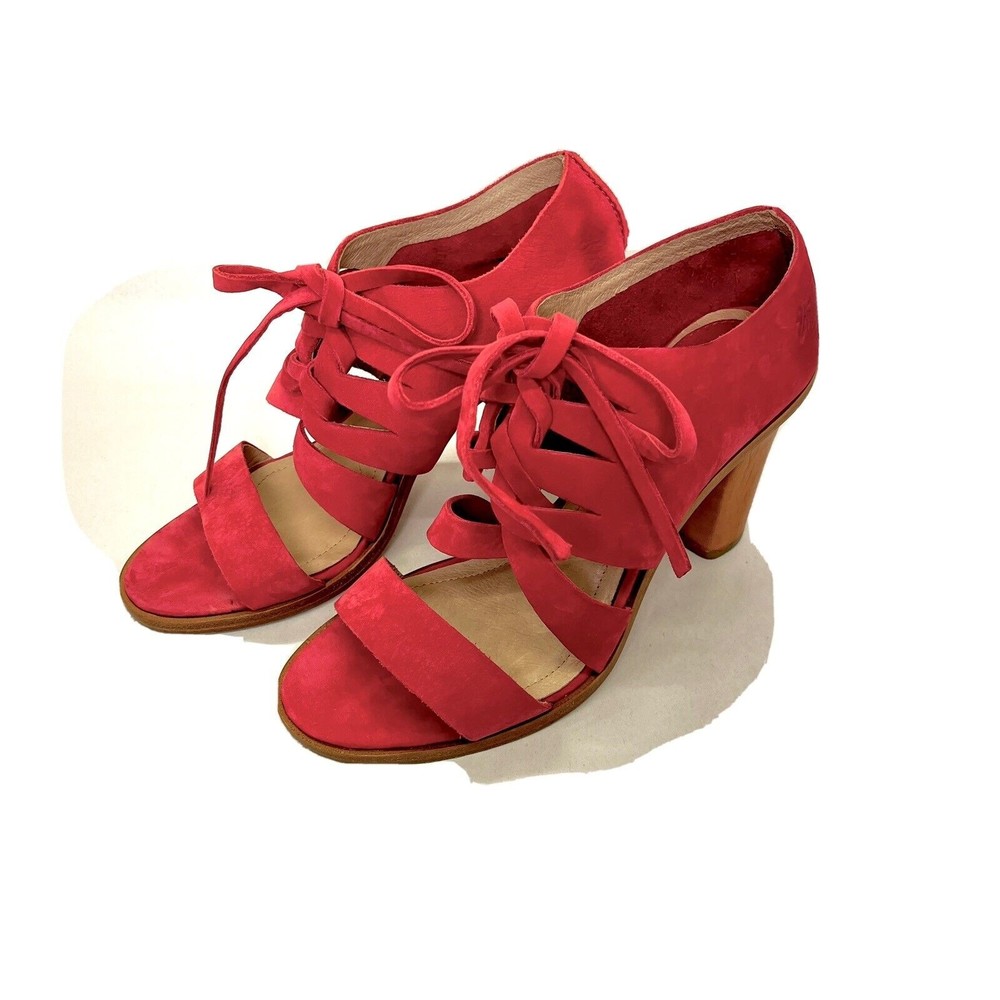 Frye Women's Sofia Tie On Lace Up Wooden Heels Red Leather Cut Out Size 9